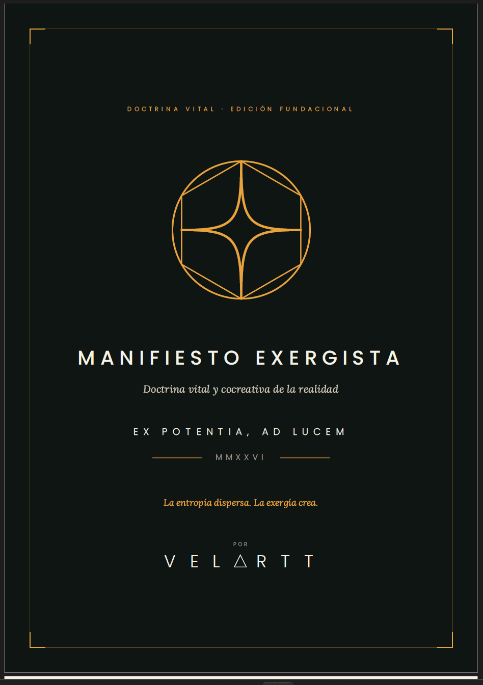 Portada del Manifiesto Exergista de Velartt, Doctrina Vital, Edición Fundacional, con un símbolo dorado sobre fondo oscuro