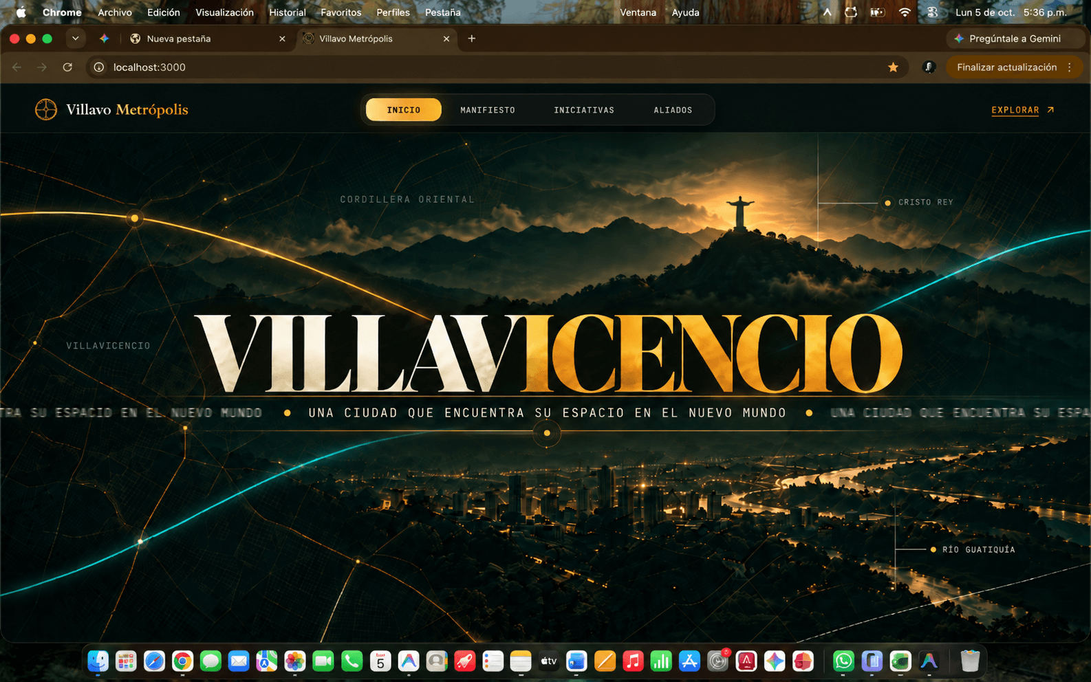 Villavicencio entre las montañas, con Cristo Rey, la ciudad y cartografía iluminada por líneas doradas y cyan
